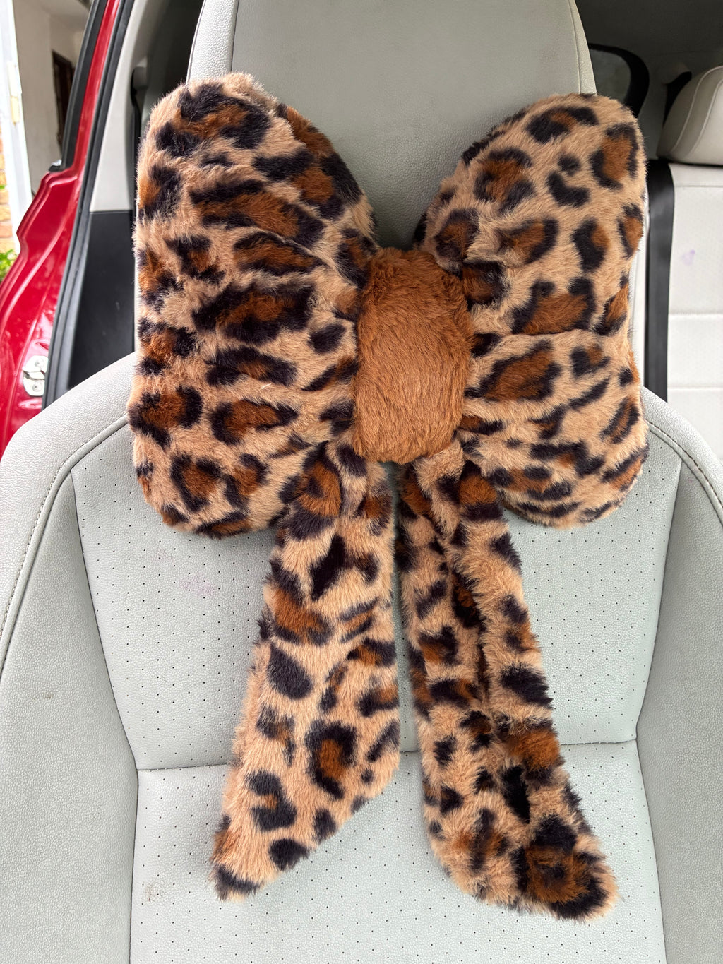 Brown Leopard Bow Headrest Pillow | Cute Car Accessories for Women