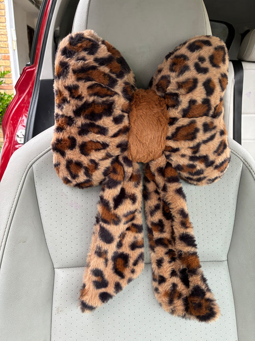 Brown Leopard Bow Headrest Pillow | Cute Car Accessories for Women
