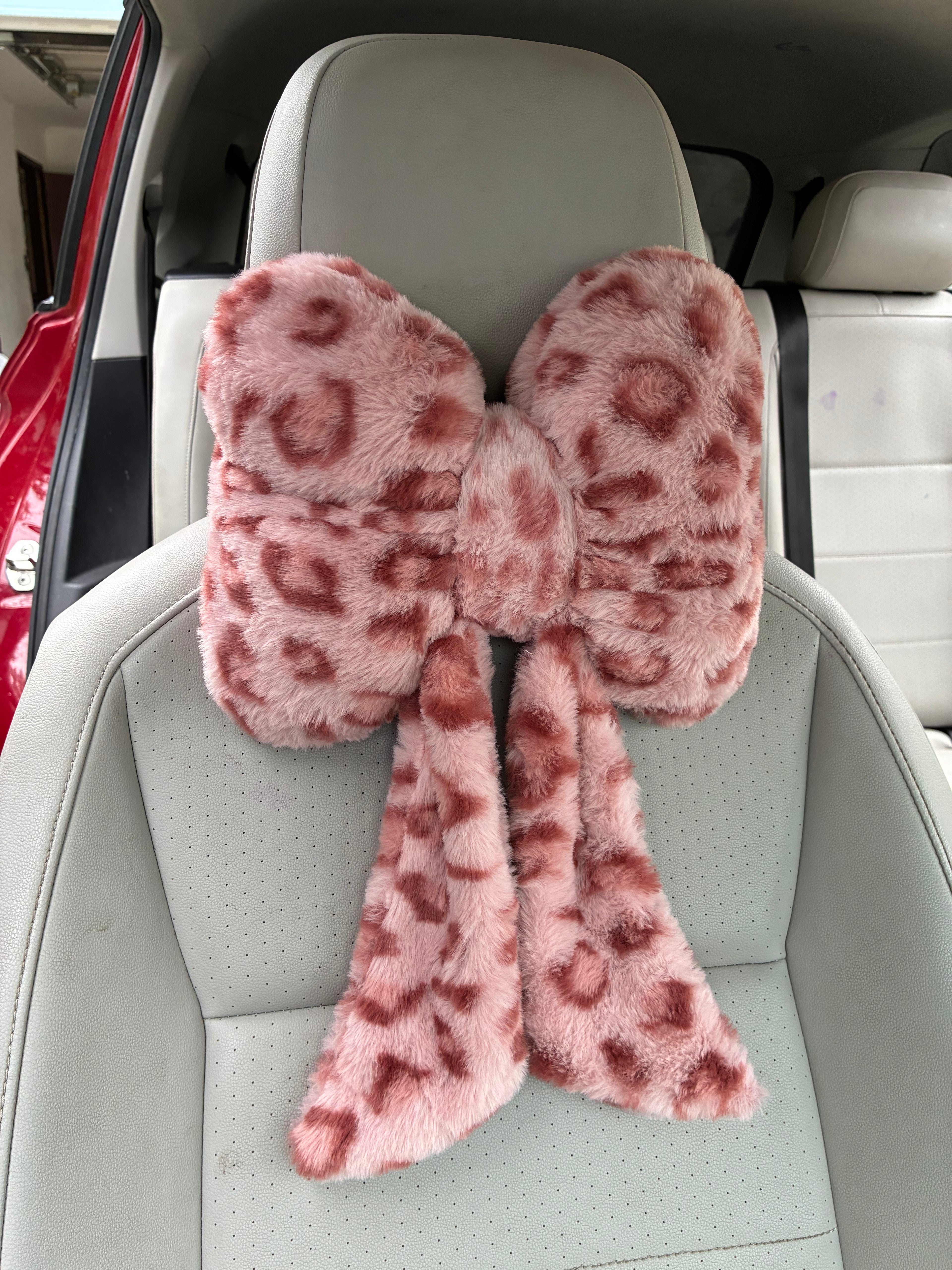 Pink Leopard Bow Headrest Pillow | Cute Car Accessories for Women