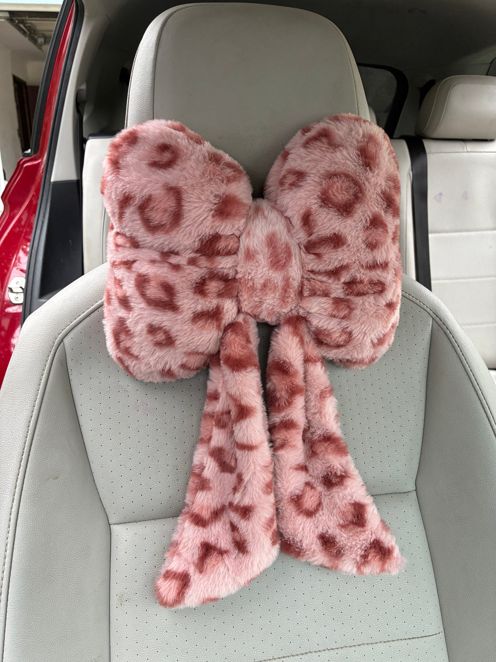 Pink Leopard Bow Headrest Pillow | Cute Car Accessories for Women