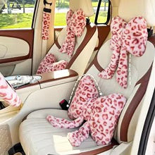 Pink Leopard Bow Headrest Pillow | Cute Car Accessories for Women